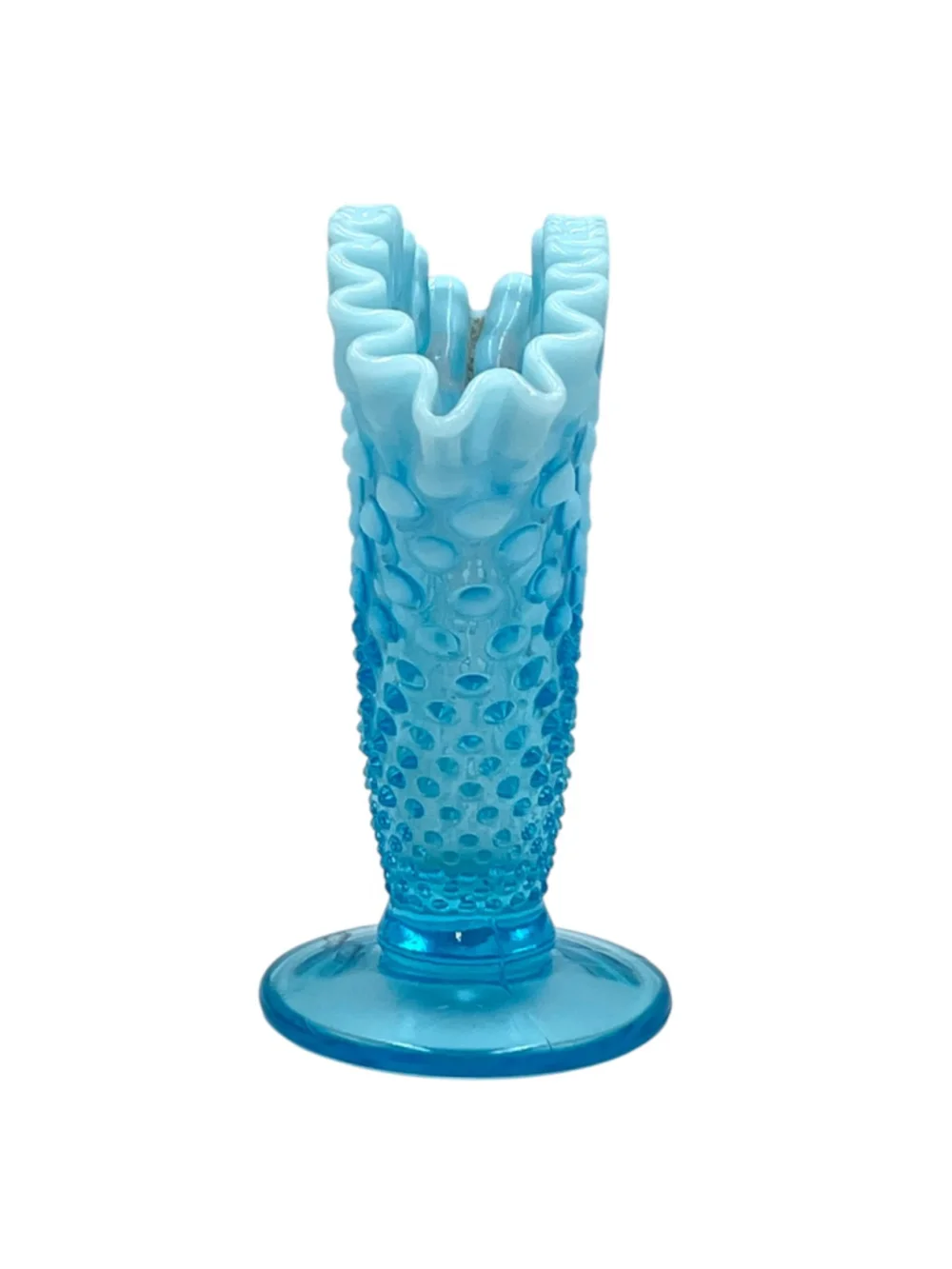 Vintage Fenton Blue Opalescent Hobnail Ruffled Fan Vase & Bon Bon Dish